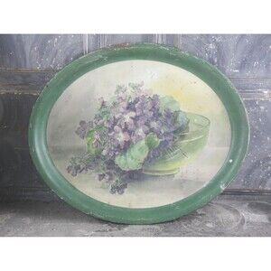 Hand-Painted Floral Green Metal Oblong Tray with Purple Violets Hydrangea